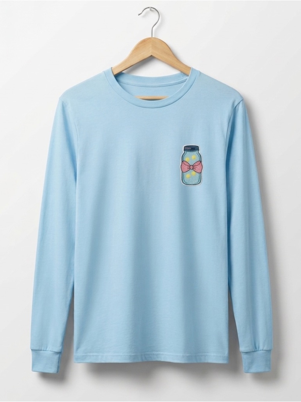 Benny & Belle Sky Blue Long Sleeve Crewneck Tee with Mason Jar Bow Graphic NWOT